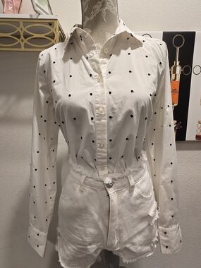 Anne Taylor White Polka Dot Button-Up Shirt - Classic Long Sleeve Top